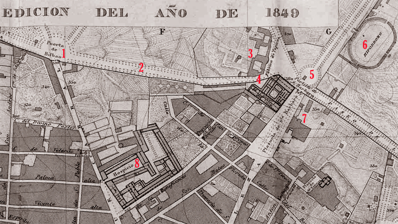 Actual calle de Sagasta y alrededores en un plano de Madrid de 1849