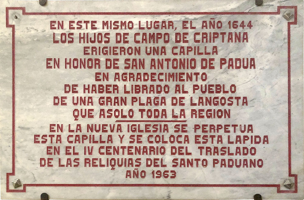 Placa en la Capilla de San Antonio